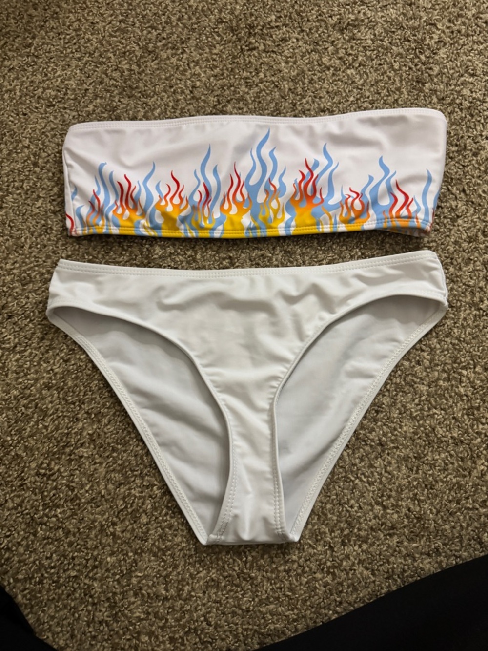 SHEIN White Bandeau Bikini Set with Red, Yellow & Blue Flame Print